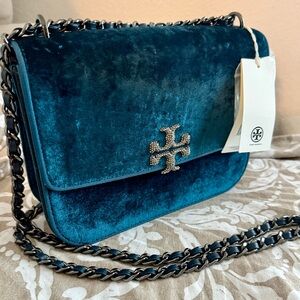 Tory Burch Blue Velvet Crossbody Bag with Chain Strap